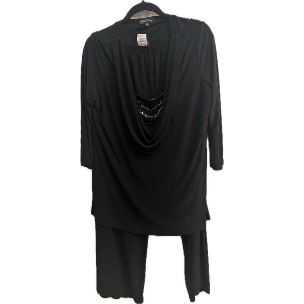 Slinky Brand Black Sequin Holiday Matching 2 Piece pant suit Set L